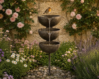Baño para pájaros de metal vintage de 3 niveles, baño para pájaros de exterior con estaca de jardín, recolector de agua de lluvia, decoración rústica para patio, césped y jardín.