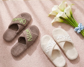 Custom Corduroy House Slippers, Personalized Bridesmaid Indoor Shoes, Cozy Bridal Shower and Wedding Gift