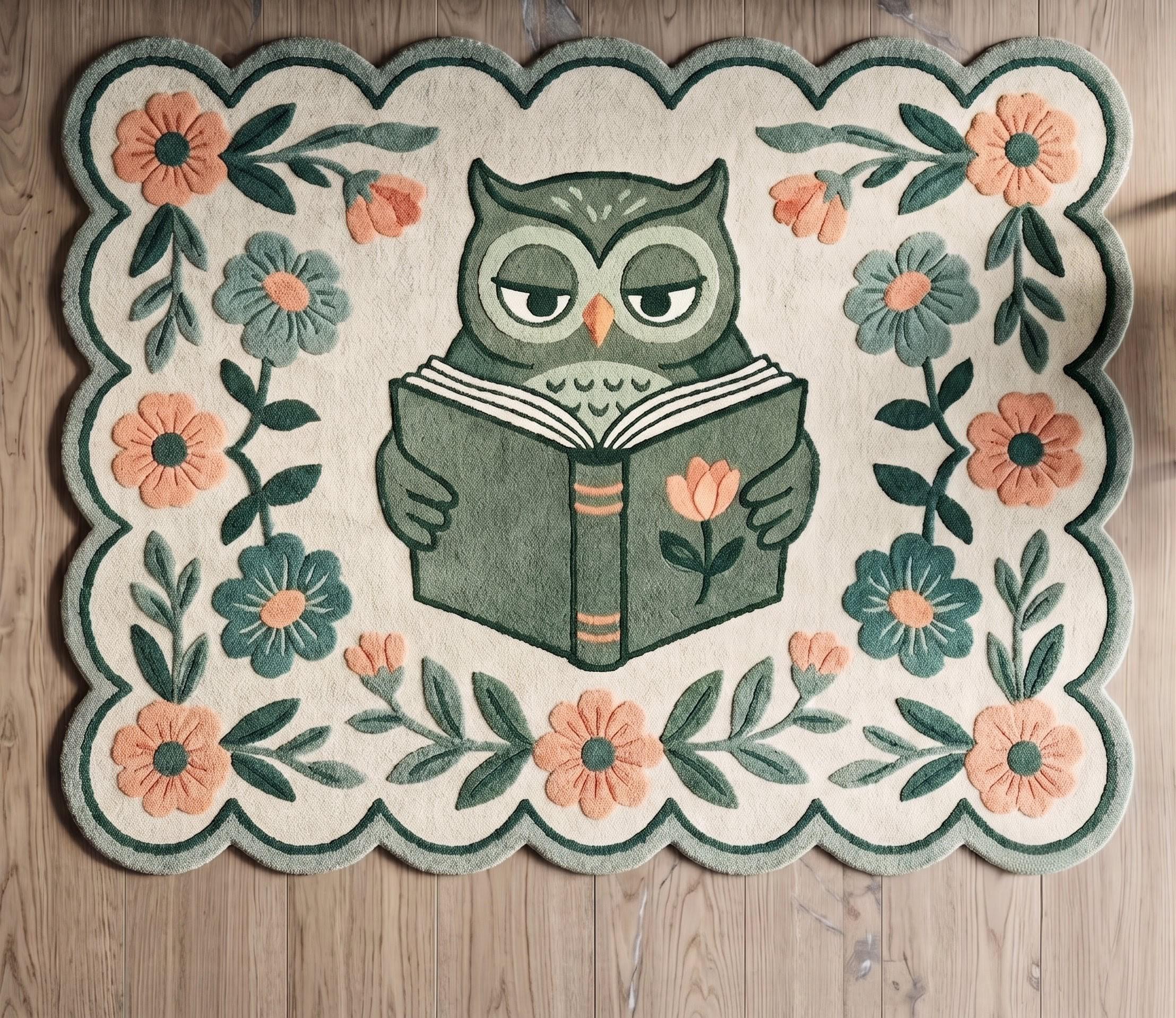 Hand made wool rug, Owl Reading Book Tufted Rug, Floral Cottagecore Area Rug, Cute Owl Nursery Mat,