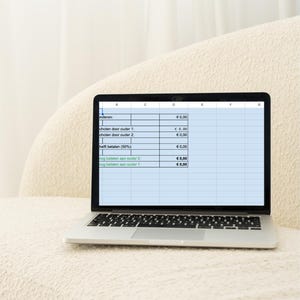 Può includere: Un laptop argentato che mostra un foglio di calcolo con dati finanziari, su uno sfondo neutro e strutturato. Lo schermo mostra righe e colonne con valori monetari. Il laptop è aperto.