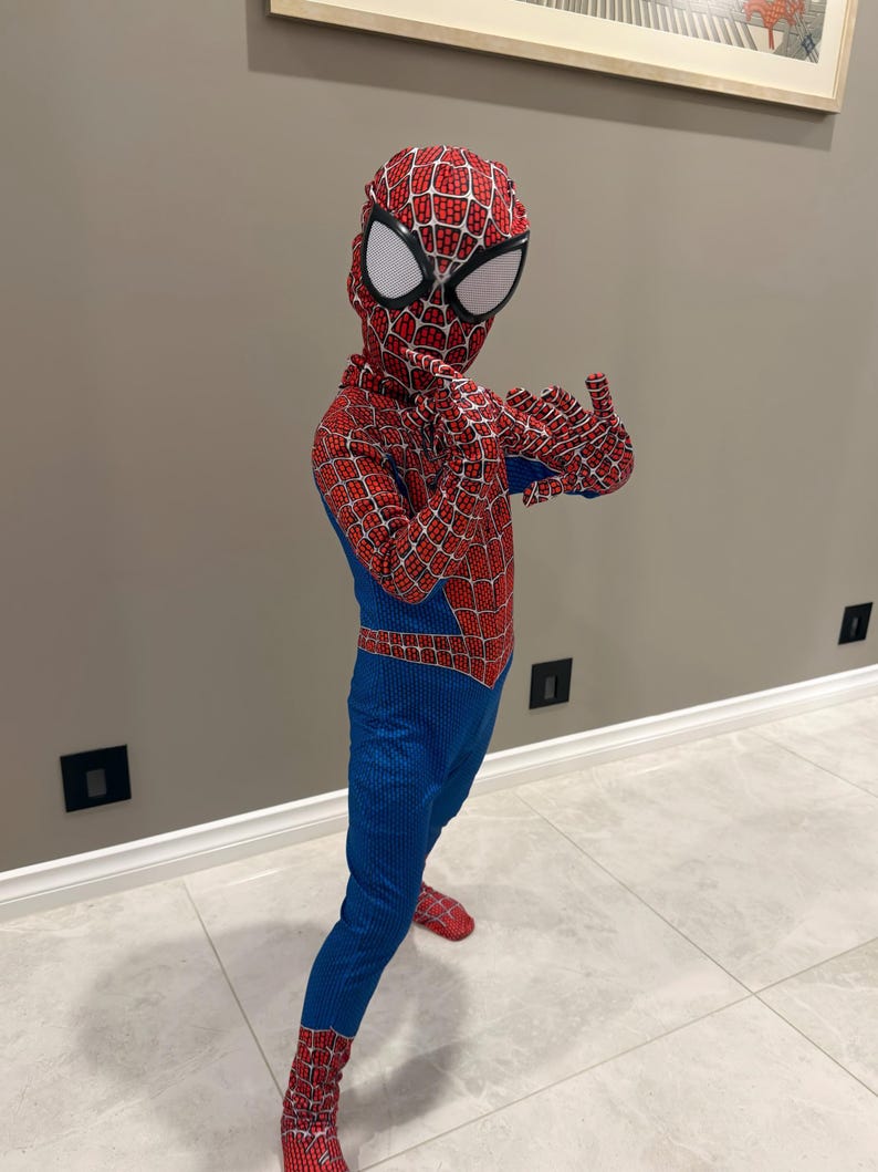 May include: A full-body Spider-Man costume. The costume features a red and blue color scheme with a web pattern. The mask has white eye coverings. The costume includes a head covering, gloves, and foot coverings.