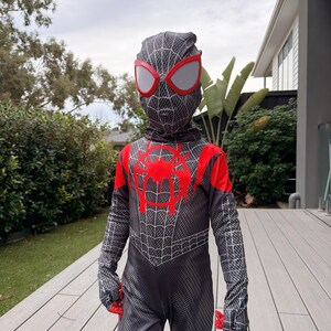 May include: A black and gray Spider-Man costume with red accents. The costume features a web pattern, red eye mask, and red spider emblem on the chest. The gloves and the top of the shoulders are red.