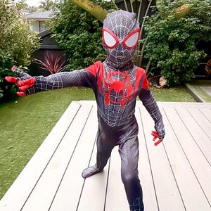 May include: A black and red Spider-Man costume with a web pattern, featuring a mask with white eye lenses. The costume has a red spider emblem on the chest and red accents on the gloves.
