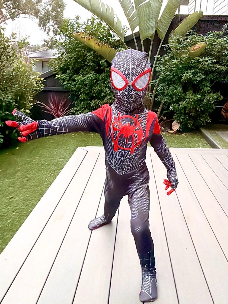 May include: A black and red Spider-Man costume with a web pattern, featuring a mask with white eye lenses. The costume has a red spider emblem on the chest and red accents on the gloves.