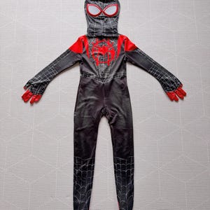 May include: A black and red Spider-Man costume with a hood, gloves, and attached feet. The costume features a spider web pattern and a red spider emblem on the chest. The hood has white-rimmed eye openings.