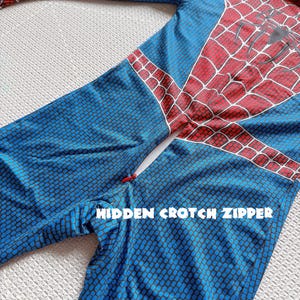 May include: A blue and red Spider-Man costume with a hidden crotch zipper. The costume features a red spiderweb design on the chest and arms, with a black spider emblem. The legs are blue with a textured pattern.