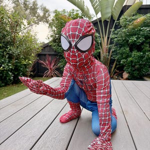 May include: A red and blue Spider-Man costume with a web pattern, including a mask with white eye coverings. The costume is worn by a person kneeling on a wooden deck, with their hand outstretched.