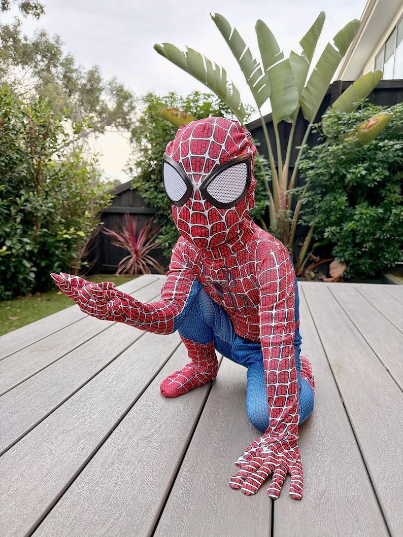 May include: A red and blue Spider-Man costume with a web pattern, including a mask with white eye coverings. The costume is worn by a person kneeling on a wooden deck, with their hand outstretched.
