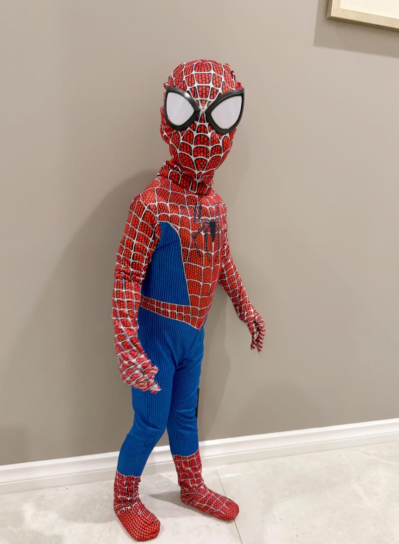 May include: A child's Spider-Man costume. The red and blue outfit features a web pattern on the red areas, with a blue torso and legs. The mask has white eye coverings. The costume includes gloves and foot coverings.