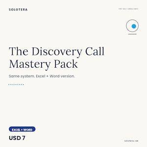 May include: A light cream-colored graphic with the text "The Discovery Call Mastery Pack" in navy blue. Below, it reads "Same system. Excel + Word version." The image also includes the text "EXCEL + WORD" and "USD 7".