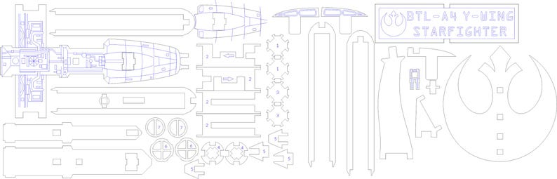 May include: A blueprint for building a model of a BTL-A4 Y-wing Starfighter from the Star Wars universe. The blueprint includes detailed instructions and diagrams for assembling the model.