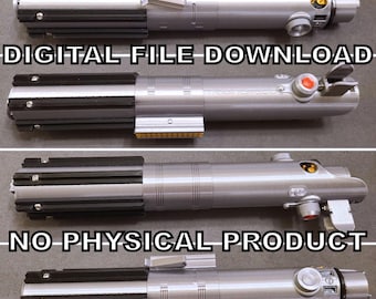 May include: A 3D printed lightsaber model in silver and black with a yellow detail. The image shows four different angles of the lightsaber. The text "DIGITAL FILE DOWNLOAD" and "NO PHYSICAL PRODUCT" is displayed on the image.