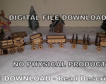 May include: A wooden toy train with a locomotive and several cars. The train is made of light brown wood and has a rustic look. The train is sitting on a white surface. The text "DIGITAL FILE DOWNLOAD" is at the top of the image. The text "NO PHYSICAL PRODUCT" is in the middle of the image. The text "FREE DOWNLOAD - Read Description" is at the bottom of the image.