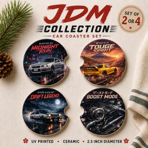 May include: A set of four circular ceramic car coasters with a 2.5 inch diameter, featuring JDM Collection graphics. Designs include a silver car labeled Midnight Run, a yellow car labeled Touge Spirit, a car labeled Drift Legend, and an engine labeled Boost Mode.