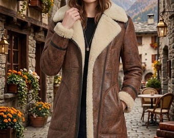 Womens Shearling Leather Jacket Brown Sheepskin Aviator Coat Winter Warm Vintage Outerwear