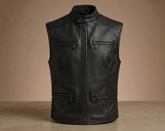 Mens Black Genuine Leather Motorcycle Vest Stand Collar Biker Zip Front Sleeveless Waistcoat