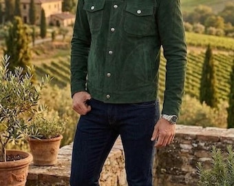 Green Suede Leather Trucker Jacket Men 100% Lambskin Custom Made to Measure Luxury Trucker Coat