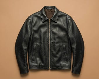 Vintage Black Leather Biker Jacket Men Genuine Handmade Retro Classic Minimal Zip Coat