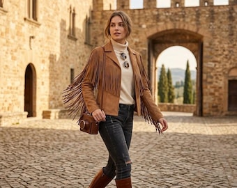 Womens Boho Suede Fringe Jacket Vintage Brown Western Cowgirl Bohemian Leather Festival Jacket