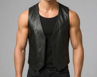 Handmade Sheepskin Leather Vest Open Front Biker Waistcoat Men Genuine Leather Motorcycle Vest