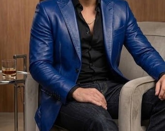 Men's Royal Blue Genuine Leather Blazer Jacket Slim Fit Formal Casual Leather Sport Coat