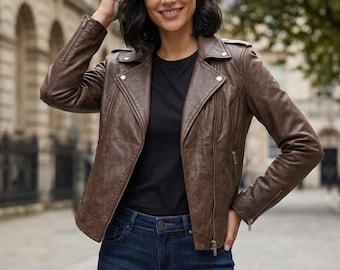 Women's Brown Lapel Vintage Leather Jacket Genuine Leather Classic Retro Motorcycle Coat