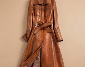 Italian Waxed Leather Trench Coat Men Belted Cowhide Overcoat Luxury Long Leather Jacket