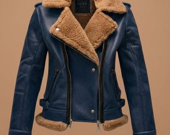 Women Navy Blue Shearling Leather Biker Jacket Fur Collar Winter Motorcycle Leather Coat