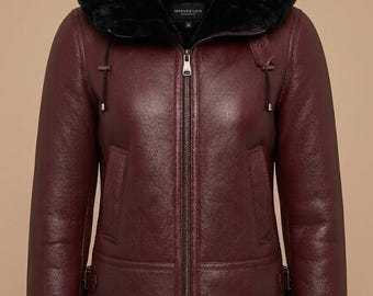 Women Burgundy Shearling Leather Jacket Faux Fur Hooded Winter Aviator Biker Coat Warm Zip Up