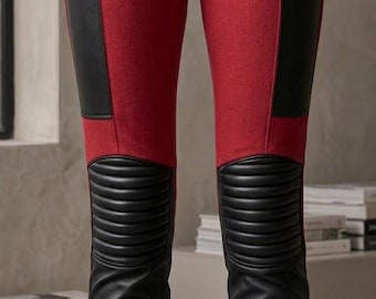 Women Red Black Patchwork Faux Leather Moto Pants High Waist Biker Skinny Fashion Trousers