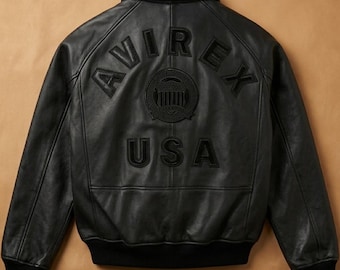 Mens Avirex Black Lambskin Leather Bomber Jacket American Flight Pilot Aviator Jacket