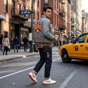 May include: A grey varsity jacket with orange and white lettering on the back, worn over a brown patterned shirt and dark blue denim jeans with small patches. The outfit is completed with white and orange sneakers and a paper coffee cup.