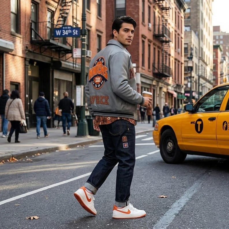 May include: A grey varsity jacket with orange and white lettering on the back, worn over a brown patterned shirt and dark blue denim jeans with small patches. The outfit is completed with white and orange sneakers and a paper coffee cup.