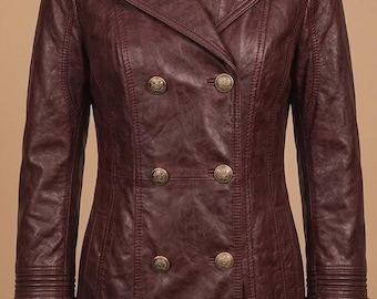 Womens Genuine Lambskin Leather Jacket Double Breasted Brown Vintage Coat Gold Button Blazer