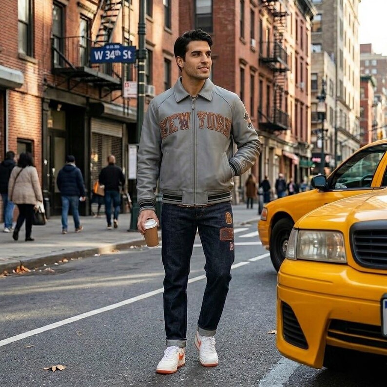 May include: A grey zip-up bomber jacket with the text NEW YORK in orange lettering across the chest, worn with dark blue denim jeans and white sneakers. The jacket features ribbed cuffs and hem, and a small patch on the left sleeve and thigh.