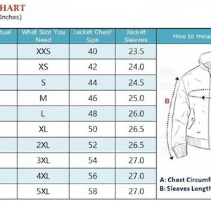 May include: A size chart for a jacket with columns for actual chest size, required size, jacket chest size, and sleeve length in inches. A line drawing of a jacket illustrates how to measure chest circumference labeled A and sleeve length labeled B.
