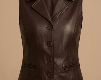 Women Brown Genuine Leather Waistcoat Tailored Button Vest Formal Biker Style