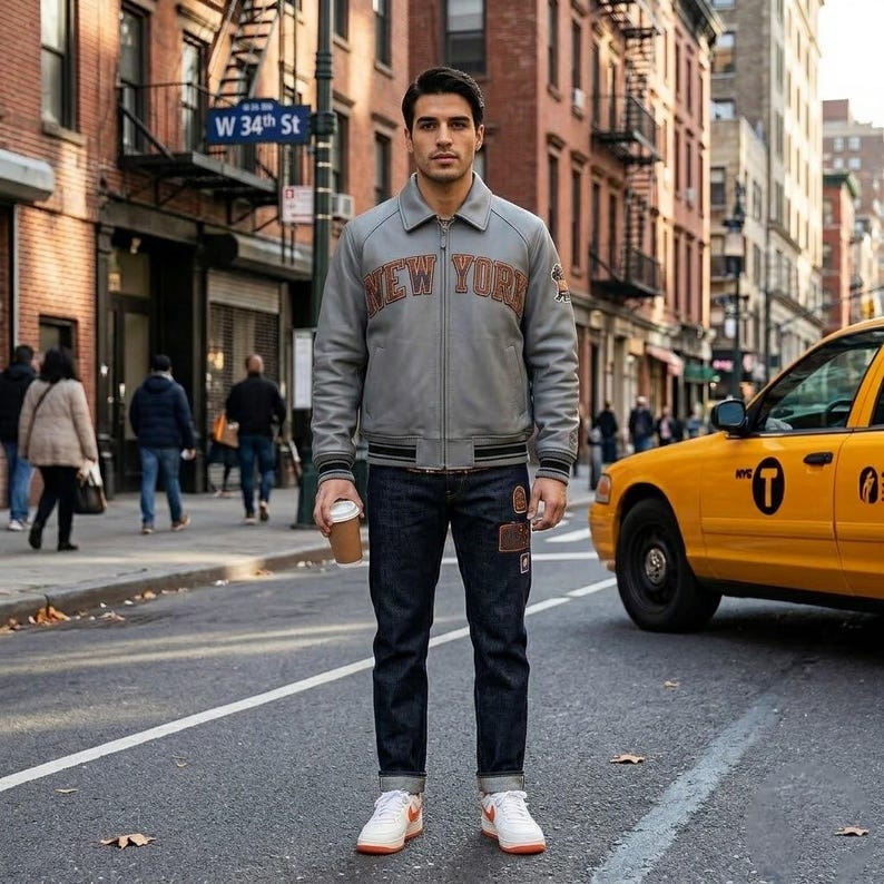 May include: A light gray zip-up jacket with the text NEW YORK in orange letters across the chest, paired with dark blue denim jeans and white sneakers with orange accents. The jacket features ribbed cuffs and a small patch on the left sleeve.