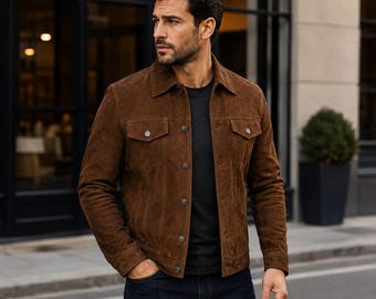 Men's Dark Brown Suede Trucker Jacket Western Denim Style Cowhide Leather Vintage Ranch Coat