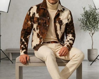 Heren rundleer truckerjack western ranch cowboy leren jas met dierenprint bruin wit