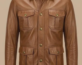 Men's Brown Genuine Leather Field Jacket Military Style Utility Coat Leather Outerwear