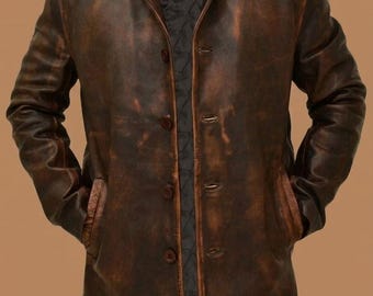 Mens Distressed Brown Leather Jacket Vintage Genuine Leather Button Front Classic Coat
