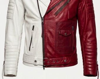 Men's Black White Patchwork Leather Biker Jacket Motorcycle Moto Slim Fit Quilted Punk Coat