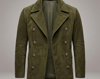 Men's Olive Suede Peacoat Double Breasted Handmade Classic Leather Jacket Winter Coat