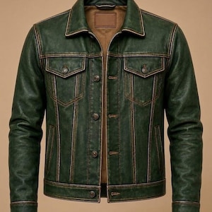 Men's Green Distressed Leather Trucker Jacket Vintage Biker Western Patchwork Coat Outerwear