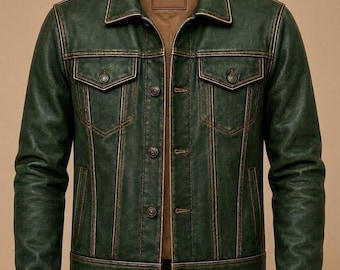 Men's Green Distressed Leather Trucker Jacket Vintage Biker Western Patchwork Coat Outerwear