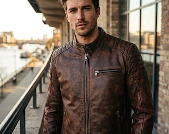Handmade Cowhide Leather Jacket Vintage Cafe Racer Biker Jacket Mens Retro Motorcycle Outerwear