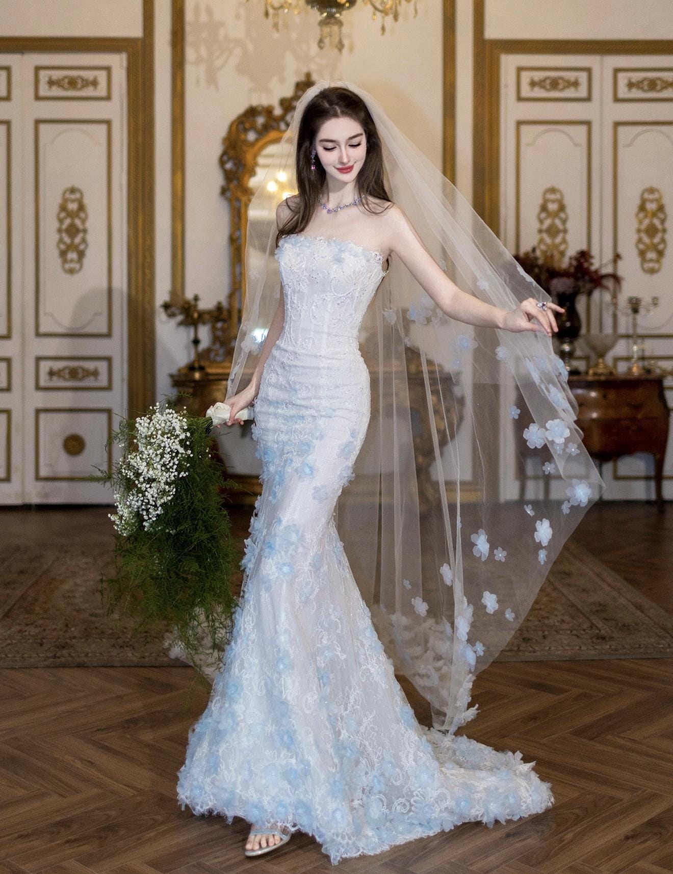 ice blue mermaid wedding dress Light China (Mainland)Color
