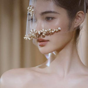 Fully Hand Sewn Shell Stone Short Tulle Veil, Unique Handcrafted Wedding Blusher Veil