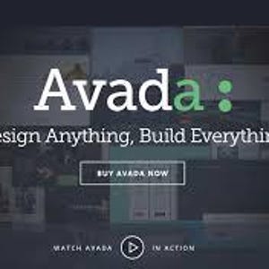 Puede incluir: Una interfaz de sitio web con tema oscuro que muestra el texto Avada: Design Anything, Build Everything en blanco y verde. Un bot&oacute;n Buy Avada Now est&aacute; centrado, con un icono de reproducci&oacute;n Watch Avada in Action debajo e iconos de navegaci&oacute;n.